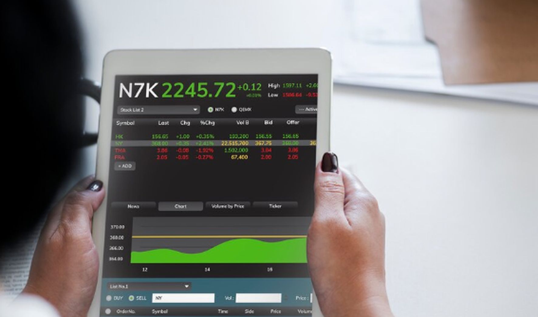 A person holding a tablet displaying live market data from the Australian stock market, including stock symbols, prices, and performance indicators, with green and red figures showing gains and losses.