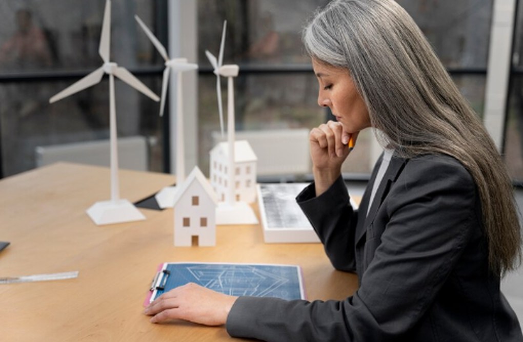 A professional woman analyzing architectural blueprints at a desk with wind turbine and house models, representing strategic planning in renewable energy investments for Australians.