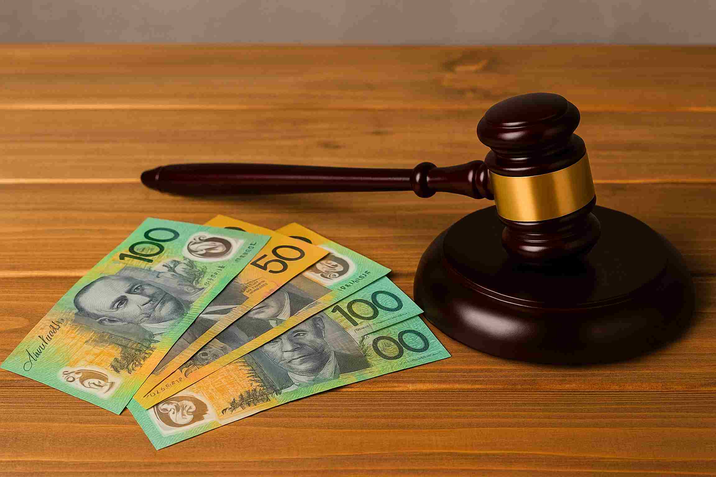 A judge's gavel beside Australian dollar banknotes on a wooden surface, symbolizing legal decisions or penalties related to financial matters such as government bonds or fiscal policy.