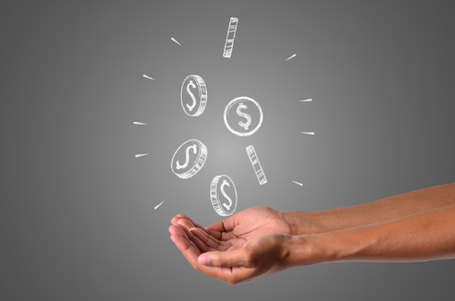 Open hands beneath illustrated coins falling from above, symbolizing effortless financial gain and the concept of passive income.